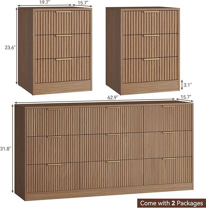 Fluted Dresser & 3 Drawer Nightstand Set 3-Piece, 63” Long 9 Drawer Dresser and Night Stand Set of 2, Fluted Modern Wood Chest of Drawers Storage Dressers Set for Bedroom, Natural Wood