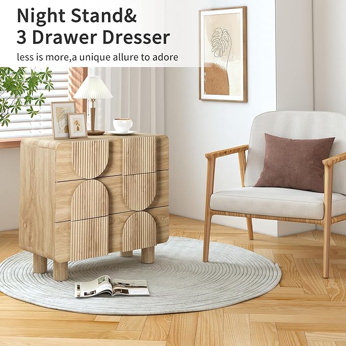 3 Drawer Dressers for Bedroom, 31.5" Wide Large Mid Century Modern Fluted Nightstand, Wood Dresser & Chest of Drawers with Curved Profile for Living Room, Entryway, Hallway, Natural