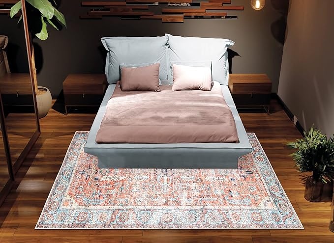 Bloom Rugs Washable Non-Slip 4' x 6' Rug - Orange/Blue Traditional Area Rug for Living Room, Bedroom, Dining Room, and Kitchen - Exact Size: 4' x 6'