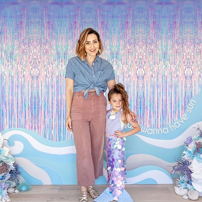 GOER 3.2 ft x 6.5 ft Metallic Tinsel Foil Fringe Curtains Party Photo Backdrop Party Streamers for Mermaid Birthday Party Decorations(2 Packs,Iridescent)