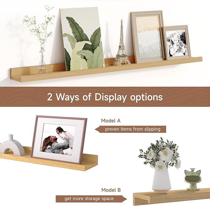 Fun Memories Picture Ledge Shelf for Wall, Floating Shelves Set of 4, 36 Inch Long Nursery Book Shelves for Toys Storage, Kids Bookshelf Wall Mounted for Books Photo Frames, Oak