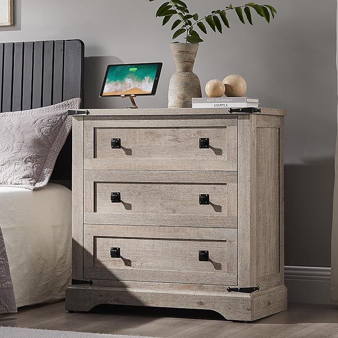 T4TREAM 32" Farmhouse Nightstand with Charging Station Set of 2, Large End Table with 3 Storage Drawers, Rustic Wood Bedside Table for Bedroom, Living Room, Light Rustic Oak