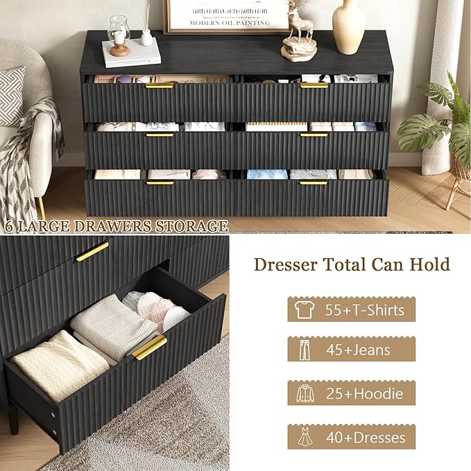 CARPETNAL Fluted 6 Drawer Dresser for Bedroom, 55" Wide Wooden Chest of Drawers with Rounded Corners, Gold Handles, Modern Storage Organizer for Bedroom, Hallway(Black)