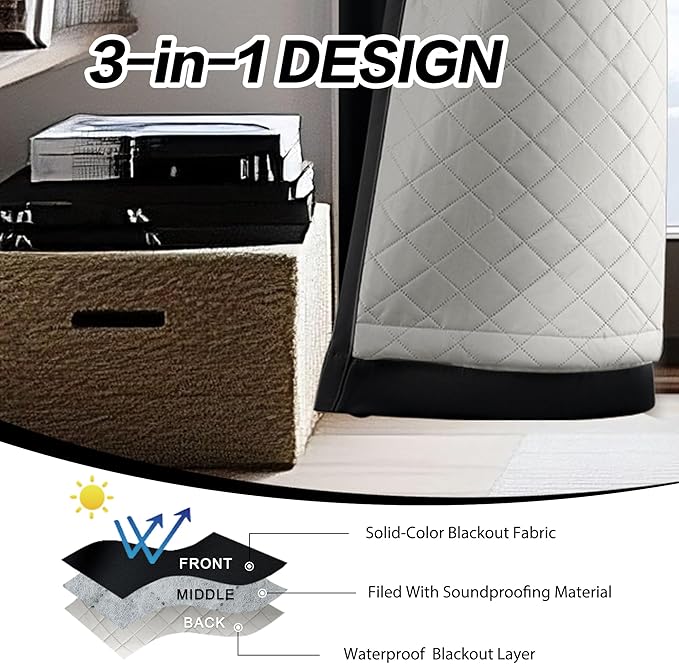 Soundproof 3-in-1 100% Blackout Curtains for Bedroom Living Room with Thermal Curtains for Winter Black 50x120 Inch,1 Panel