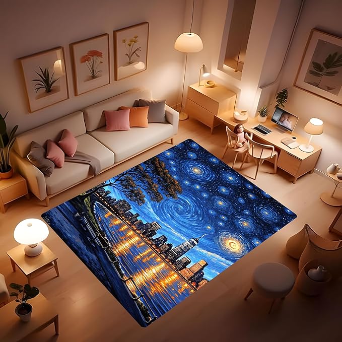 Machine Washable 5' x 7' Oil Painting-Style Area Rug, Bule Floor mat, Suitable for bedrooms, Girls' Room Bedside, Living Room, Dining Room, Office, Non-Slip Low-Pile Stars and Swirls Carpet