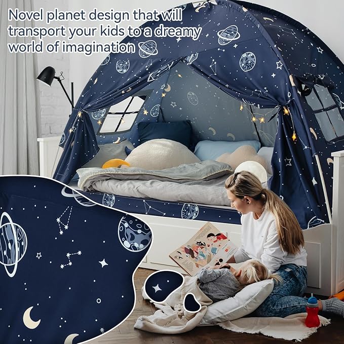 Bed Tent Twin, Space Play Canopy for Kids Toddler Boys, Bunk Canopy Tent for Toddler Bed, Galaxy Dome Playhouse Floor Portable Sleeping Tents Indoor for Girls Birthday Toy House Gift