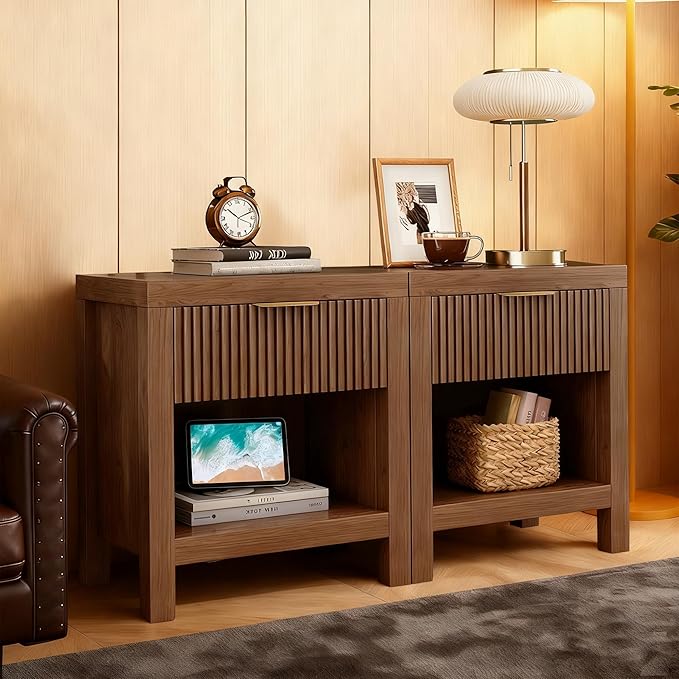 Nightstand Set of 2, End Table with 2 Drawers, Modern Bed Side Table with Storage, Farmhouse Fluted Cabinet Bedside Cabinet for Bedroom Living Room Sofa Couch Office (Walnut-2)