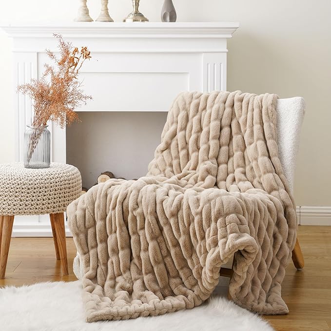 BATTILO HOME Luxury Faux Fur Throw Blanket for Couch, Cozy Plush Soft Blanket for Women, Double Side Ruched Rabbit Fur Blanket for Living Room, 50x60 Inches