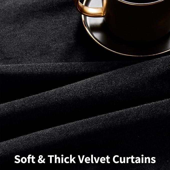 Joydeco 100% Blackout Velvet Curtains for Bedroom 96 Inches Long 2 Panels, Back Tab/Rod Pocket Living Room Drapes, Thermal Insulated Soundproof Heavy Duty Curtains for Windows,52W x 96L,Black