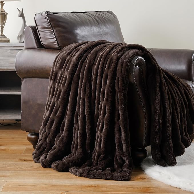 BATTILO HOME Dark Brown Faux Fur Throw Blanket for Bed, Double Side Reversible Ruched Faux Rabbit Fur Throw for Couch, Bed, Super Soft Blanket Cozy Warm Mink Blanket, 60"x80"