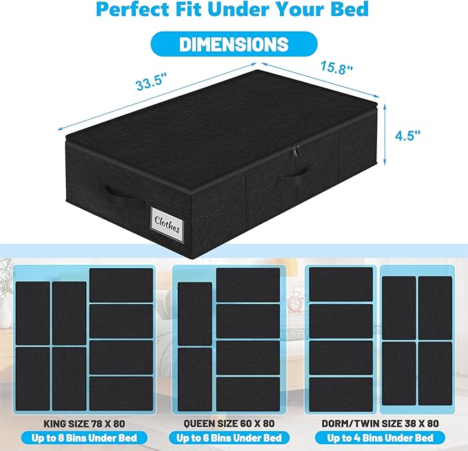 Under Bed Storage Container Bin 4 Pack, 4.5 Inch Slim Low Profile Underbed Clothes Storage Organizer for Dorm & Home, Use for Blanket and Toy Storage Box W/ Sturdy Bottom/Sides, Foldable Thick Fabric