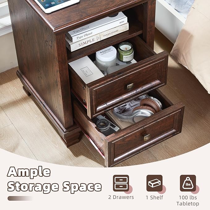 SAVOR LIFE Farmhouse Nightstand with Charging Station, Rustic Brown Nightstand, 2 Drawers End Table, Bedside Table with Open Shelf for Bedroom, Walnut