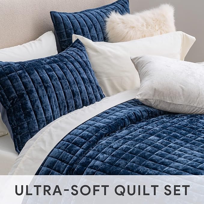 RECYCO Luxury Velvet Quilt Set Full Queen Size, Lightweight Velvet Comforter Set, Oversized Bedspread Coverlet Quilted Bedding Set, with 2 Matching Pillow Shams, for All Season, Navy Blue