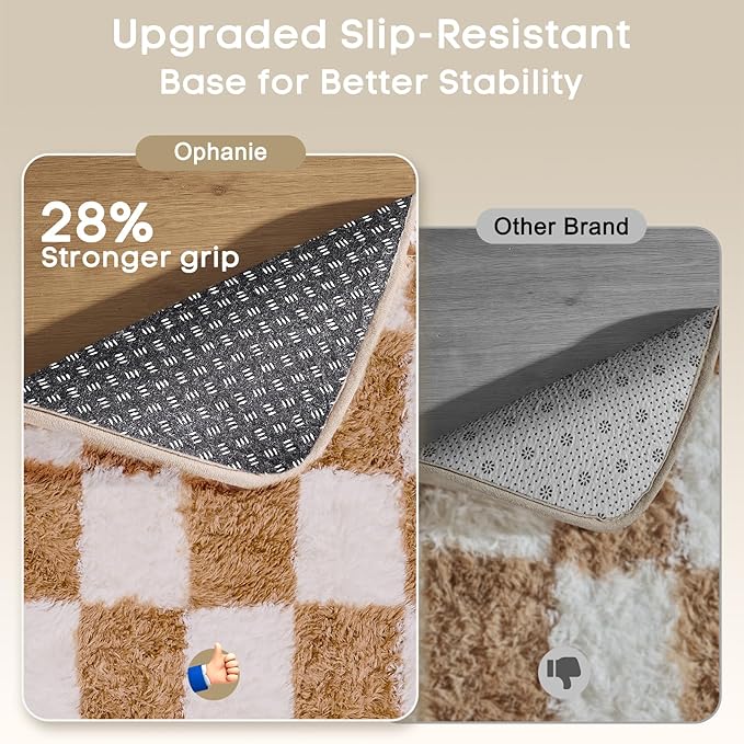 Ophanie Checkered Beige & White Rug for Living Room Bedroom, Fluffy Soft Cute Fuzzy Area Rugs, Shag Plush Shaggy Bedside Floor 4x6 Furry Carpet for Kids Baby Teen Dorm Nursery Home Decor Aesthetic