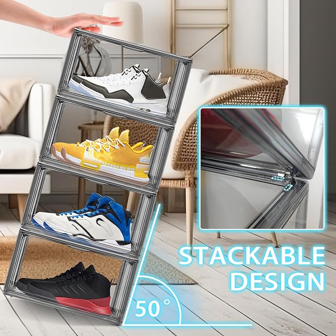 1 Pack Shoe Organizers Storage Boxes for Closet Size 12.5 Shoe Box Clear Stackable Storage Bins with Lids, Under Bed Shoe Containers for Entryway, Grey