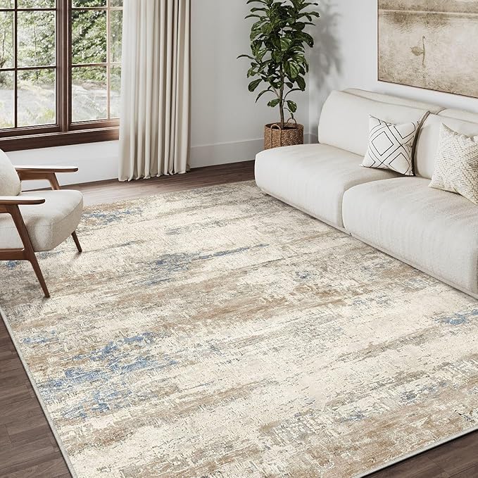 5x7 Area Rug Living Room Bedroom Carpet Washable Abstract Neutral Modern Beige Brown Accent Rug Dining Non Slip Low Pile Soft Thin Indoor Office Floor Throw Kitchen Contemporary