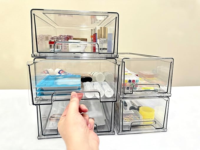 Stackable storage drawers, clear pull-out organizer with handles and non-slip pads for kitchen, refrigerator,office desktop, pantry and shelves, perfect for organization and storage (2 Pack, Large)
