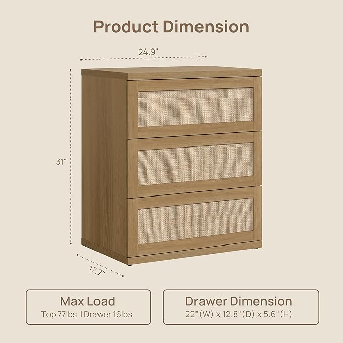 SICOTAS Dresser for Bedroom - 31" Tall Rattan Dresser with 3 Drawers Boho Dressers & Chests of Drawers Dressers for Bedroom Deep Bedside Table Clothes Closet Storage for Closet Hallway Entryway