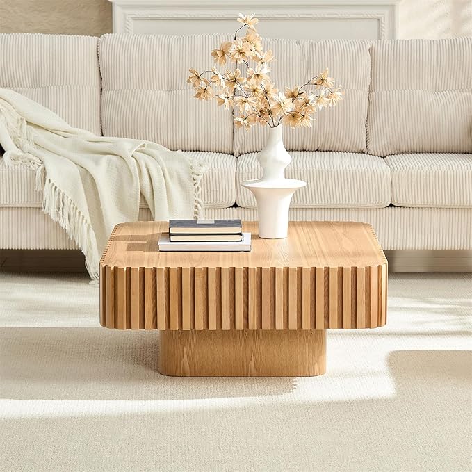 LKTART Square Coffee Table for Living Room, Accent Fluted Coffee Table with Storage, Modern Solid Wood Veneered Large Center Tea Table for Small Space Apartment (31.5''D×14''H-Natural)