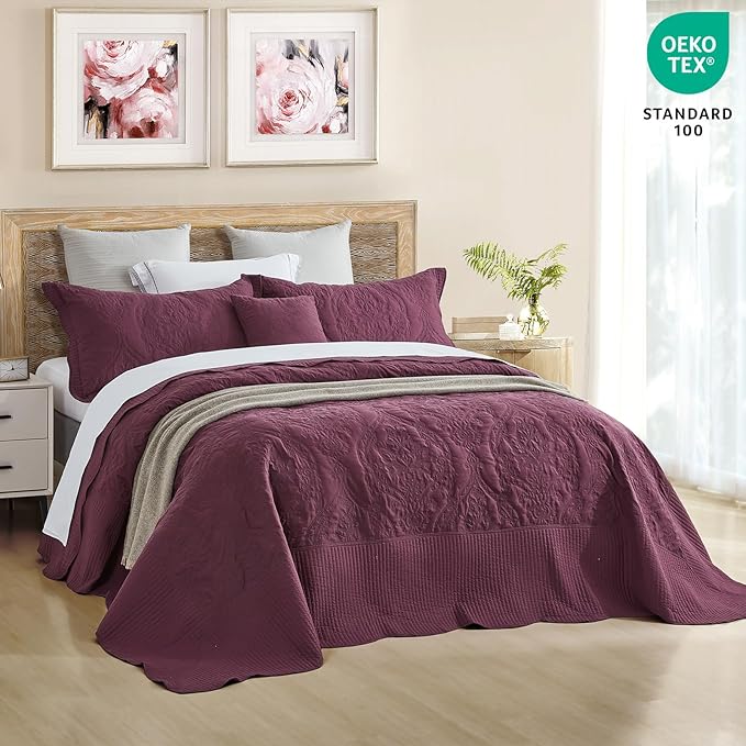 CHIXIN Oversized Bedspread Coverlet Set King Size - Lightweight Bedding Cover - Beautiful Stitching - 5 Piece Reversible Bedspread - Gorgeous Damask Paisley Pattern (King, Purple)