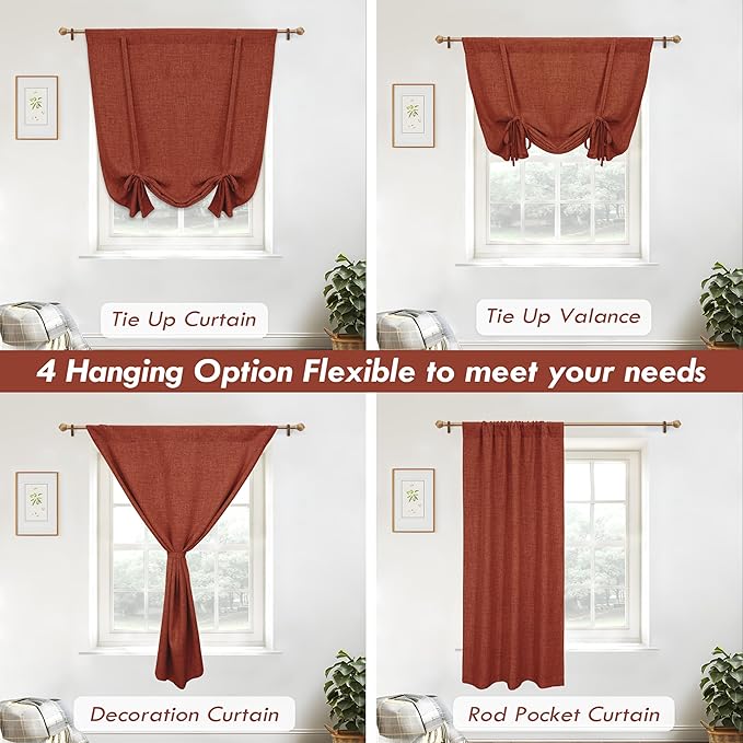 DriftAway Double Layer Linen Blackout Tie Up Curtains Thermal Insulated Fully Lined Balloon Roman Shade Bathroom Window Adjustable Rod Pocket for Small Window 39 Inch by 55 Inch Burnt Orange