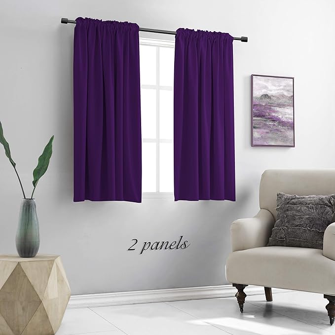 DONREN 54 Inch Length Royal Purple Blackout Curtains for Kitchen - Small Window Treatment Rod Pocket Curtain Drapes for Bedroom(Set of 2 Panels)