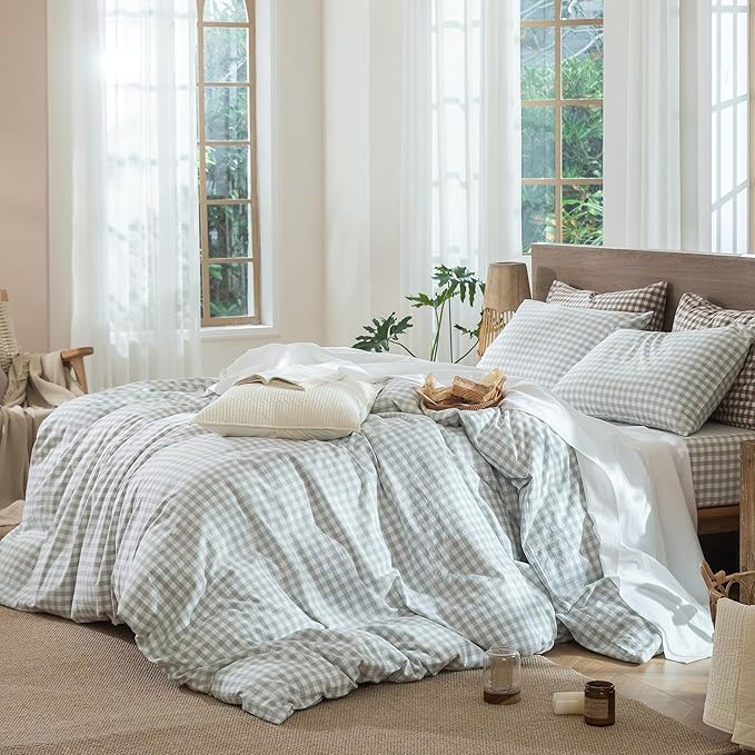 MooMee Gingham Duvet Cover Set 100% Washed Cotton Linen Like Textured Breathable Durable Soft Comfy Modern Checkered Design (Northern Droplet Grey Gingham, Super King 108"x98")