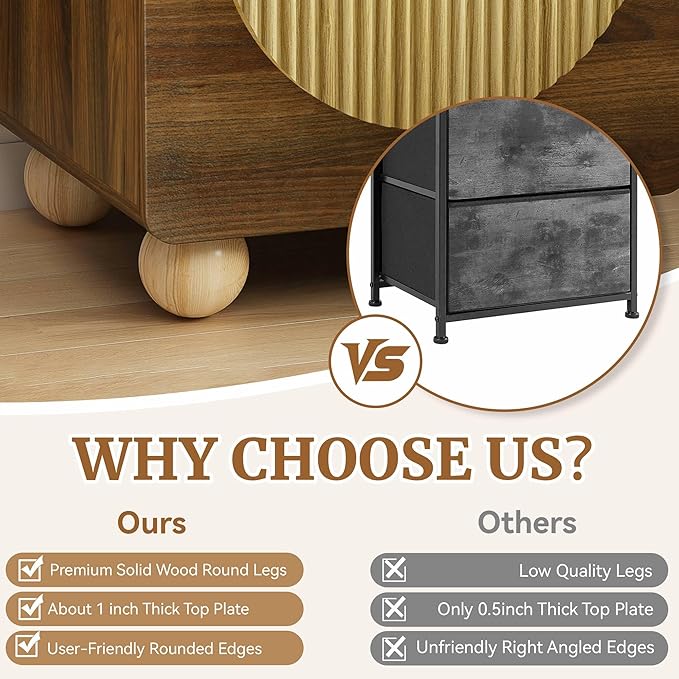 23" Fluted Nightstand with Solid Wood Legs, Modern Style Walnut Bedside Table with Round Moon Handle & Storage, Mid Century Cute Night Stand for Bedroom, Side Table, End Table