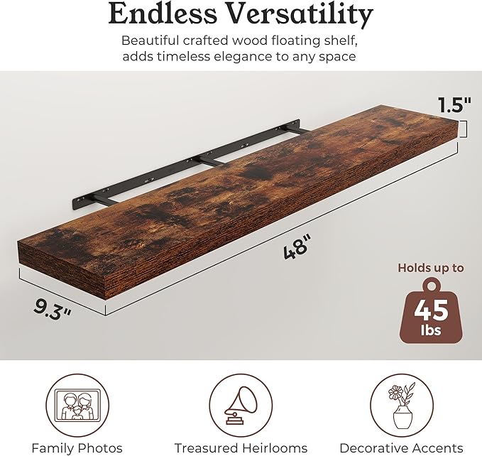 Floating Shelves for Wall, 9.3" Deep Wall Mounted Wood Shelves for Bathroom, Bedroom, Living Room, Kitchen, Hanging Shelf for Books/Storage/Room Decor (Brown, 48")