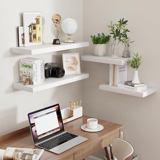 Fun Memories Floating Shelves 16 Inch Long, Wall-Mounted Bathroom Shelves Set of 2, 9.3 Inch Deep Shelf for Home Storage & Display, Wooden Deep Wall Shelves for Bedroom, Living Room, Kitchen, White