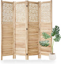 Svimi Folding Room Divider, 66.9 Inch 4 Panels Wood Carved Privacy Screens, Free Assembled Freestanding Portable Separation Wall for Home Office Bedroom (Natural)