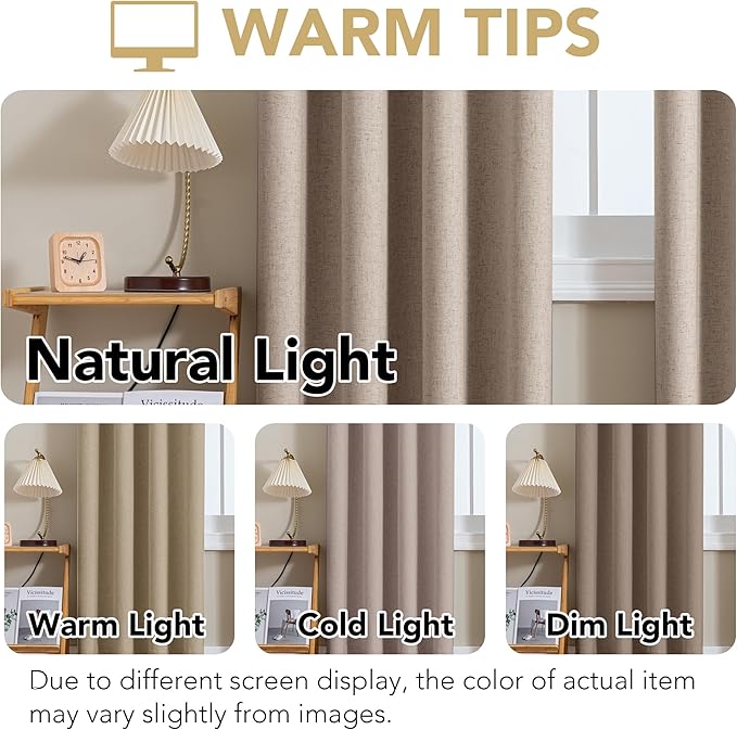 H.VERSAILTEX Linen Curtains 100% Blackout Curtains for Bedroom 54 inch Long Full Light Blocking Nature Linen Blended Window Curtains for Living Room Nickel Grommet (2 Panels, Heathered Sand)