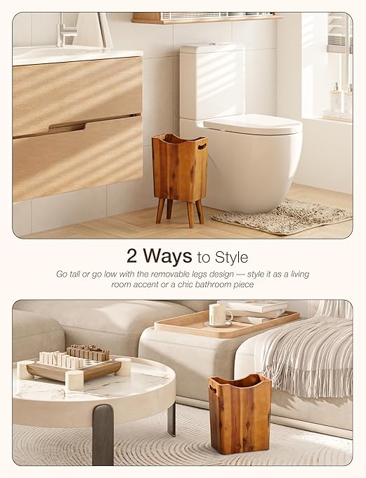 2 Gallons Wooden Trash Can 4 Legs - Acacia Wooden Bin, Wood Bathroom Accessories - Small Bin, Waste Basket for Bedroom, Office Garbage Can - Decorative Bathroom Trash Can - Patent Pending