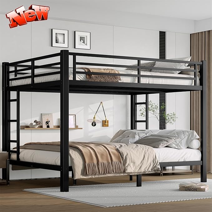 Upgraded Version Thicken Metal Queen Over Queen Bunk Bed, Heavy-Duty Steel Bunk Bed, Best Modern Bunkbed for Adults, Easy Assemble