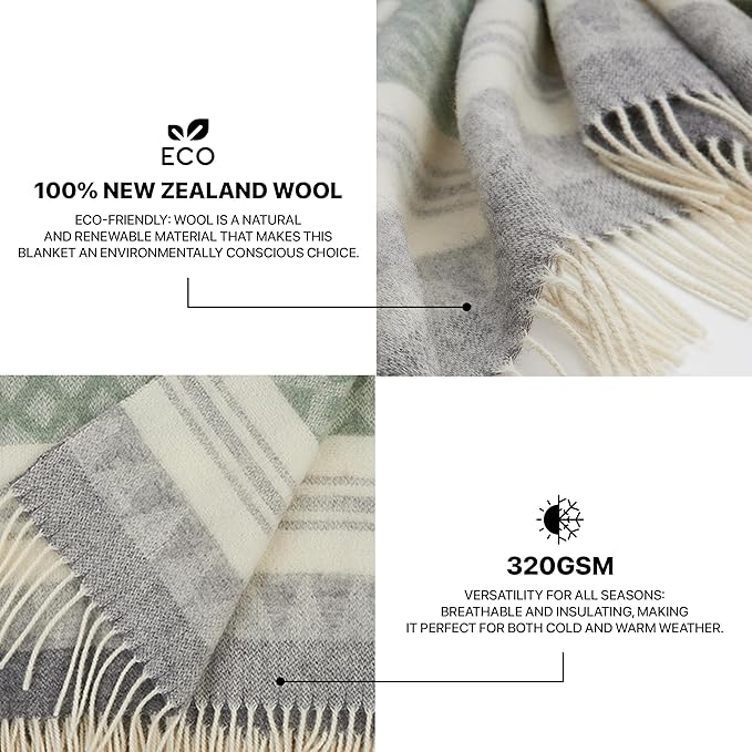 | Wool Blanket/Throw | 100% New Zealand Wool | Perfect for Home and Outdoors | Virgin Wool Throw with Fringes 75"x87" (190 x 220 cm)