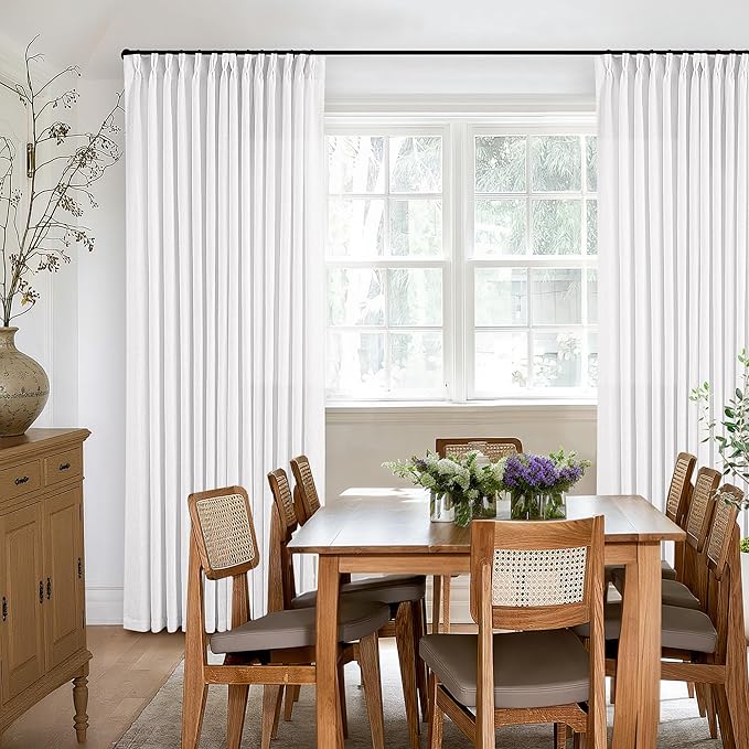 Snow White Pinch Pleated Linen Curtains 92 Inches Long 2 Panels for Living Room Bedroom Memory Training Shaped Semi Sheer Pleat Drapes with Hooks Rings Light Filtering Window Curtain 40x92