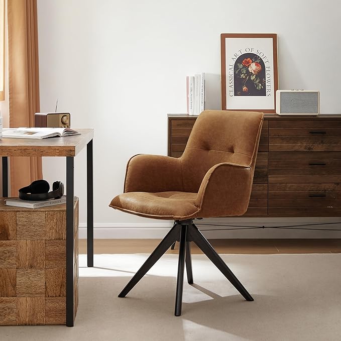 Art Leon Home Office Desk Chair - Faux Leather Upholstered Accent Armchair, Mid Century Swivel Chair with Black Oak Wood Legs for Small Space Living Room Bedroom, Brown