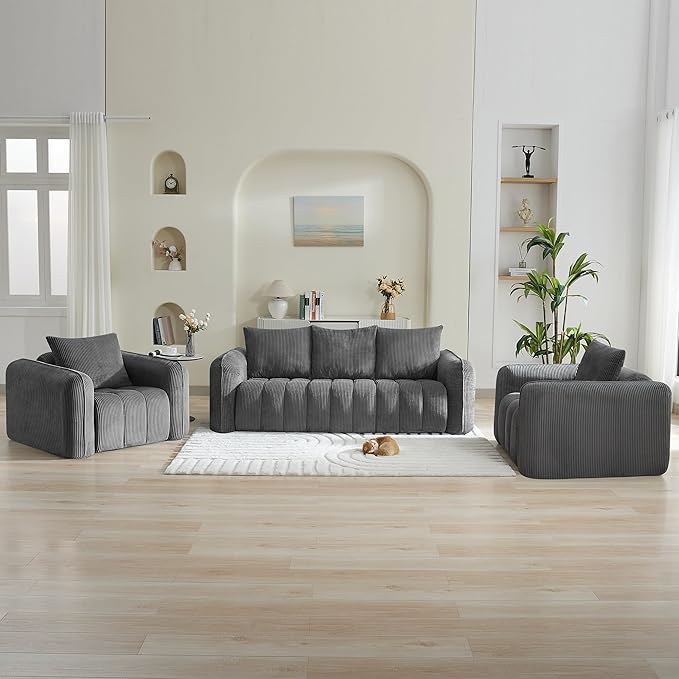 Corduroy Boneless Living Room Sets, Modern Upholstered 3 Seater Sofa with 2 Signle Accent Chairs, Comfy Deep Seat Cloud Sofa Couch Sets for Living Room, Grey