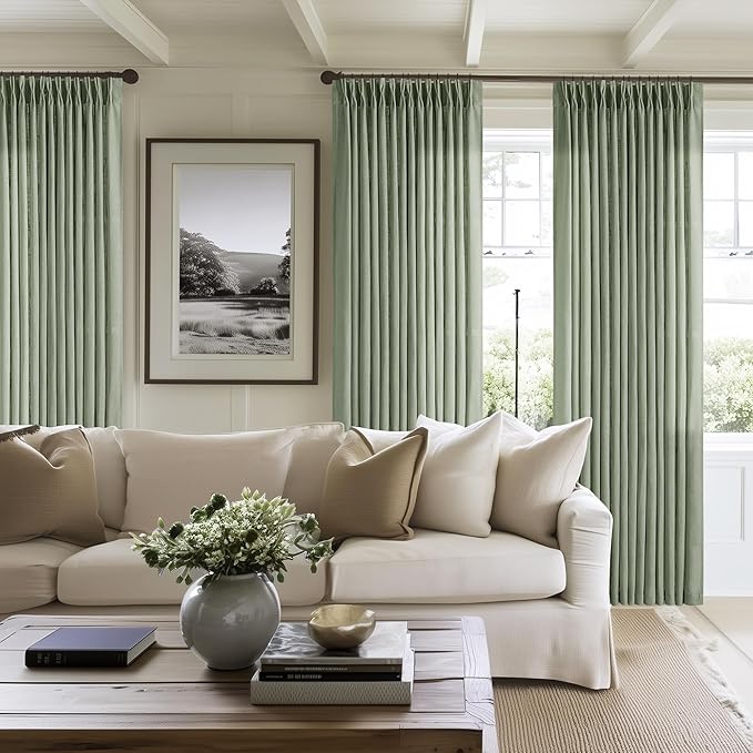 Sage Green Linen Curtains 102 Inches Long 2 Panels for Living Room Modern Thick Linen Flax Pinch Pleated Memory Trained Light Filtering Ceiling Semi Sheer 102 Inch Curtain with Hook Rings Back Tab