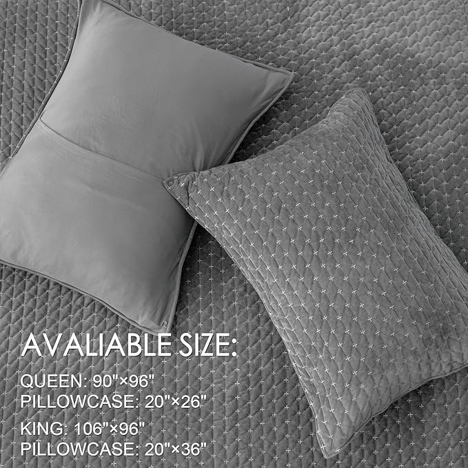 Powdion Velvet Quilt Queen Size, Oversized Bedspread Quilted Bedding Set, Luxurious Coverlet Set Lightweight Velvet Comforter for All Season with Pillow Shams Charcoal Gray, Striped Queen 90x96