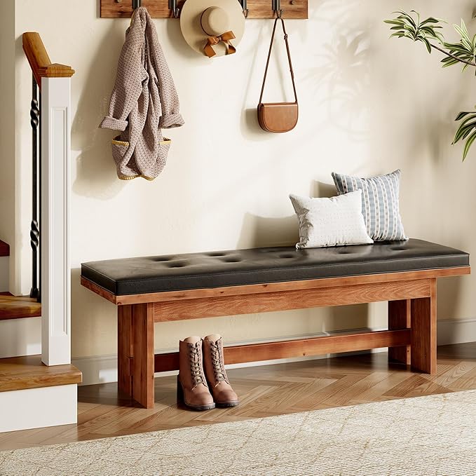 Solid Wood Bench with Cushion, 55" Upholstered Entryway Bench with Thickened Legs, Button-Tufted Shoe Bench Seat, Vintage Indoor End of Bed Bench for Bedroom, Living Dining Room, Hallway, Dark Walnut