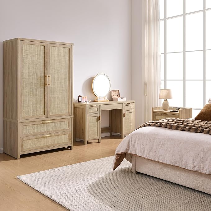 SICOTAS Rattan Vanity Home Office Desk - 52" Large Farmhouse Boho Makeup Vanity Dressing Table with 3 Drawers & 2 Storage Cabinets, Vanities Desk for Makeup Room, Bedroom, Home Office, Light Oak