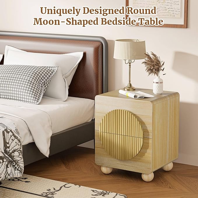 23" Fluted Nightstand with Solid Wood Legs Set of 2, Modern Style Natural Bedside Table with Round Moon Handle & Storage, Mid Century Cute Night Stand for Bedroom, Side Table, End Table