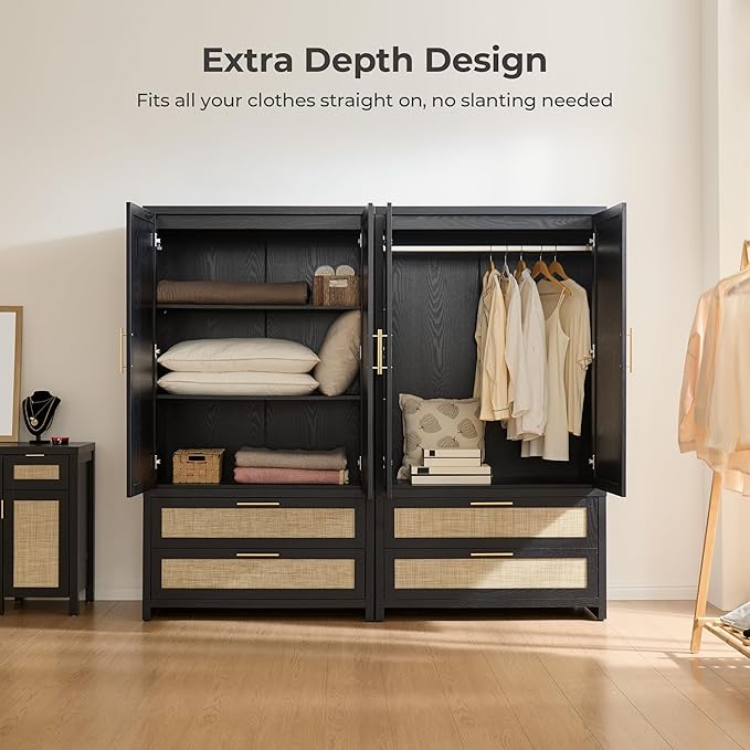 SICOTAS Armoire Wardrobe Closet, Larger Rattan Armoires Wardrobe Cabinet with 2 Large Drawers & Hanging Rod, Tall Closet Storage Cabinet for Cloak Room, Bedroom, Black Oak (3 Pieces)