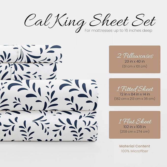 Linen Market 4 Piece California King Bedding Sheet Set (Navy Vines) - Sleep Better Than Ever with These Ultra-Soft & Cooling Bed Sheets for Your Cal King Size Bed - Deep Pocket Fits 16" Mattress