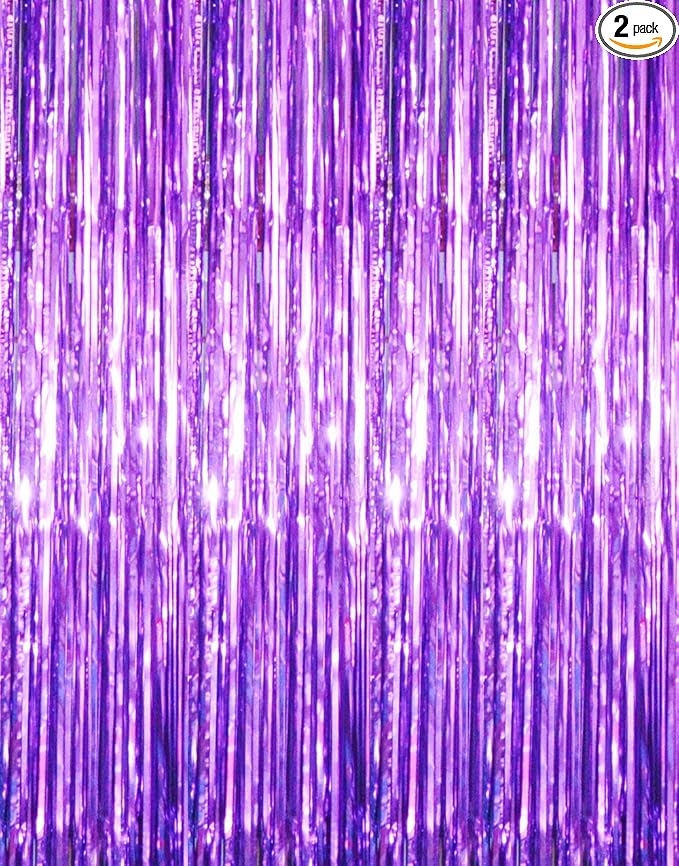 GOER 6.4 ft x 8.2 ft Metallic Tinsel Foil Fringe Curtains,Pack of 2 Party Streamer Backdrop for Halloween Birthday,Graduation and New Year Eve Party Decorations (Purple)