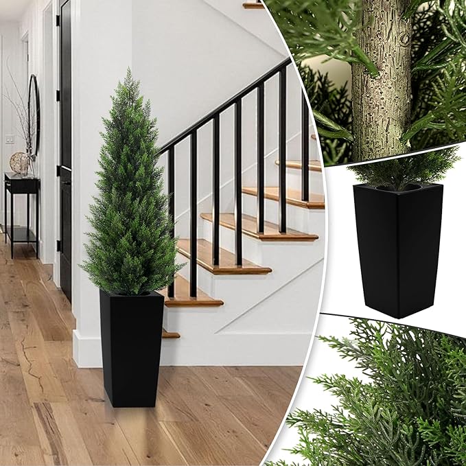 5FT Tall 2 Set Artificial Topiary Cedar Tree, Indoor Realistic Faux Cypress Plants with Square Flowerpot, Outdoor Evergreen Fake Shrubs for Home Living Room Front Porch Decor