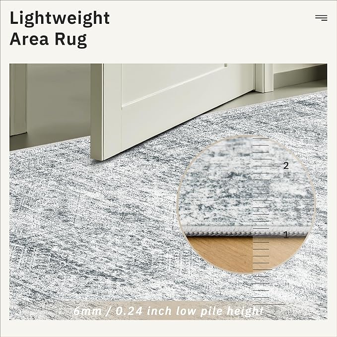 5x7 Area Rugs Gray Low Pile Indoor Washable Trendy Faded Style Rugs for Bedroom Living Room Dining Room Foldable Non-Slip Thin Grey Print Mat