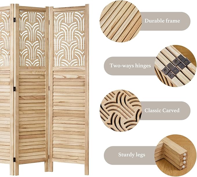 Svimi Folding Room Divider, 66.9 Inch 4 Panels Wood Carved Privacy Screens, Free Assembled Freestanding Portable Separation Wall for Home Office Bedroom (Natural)