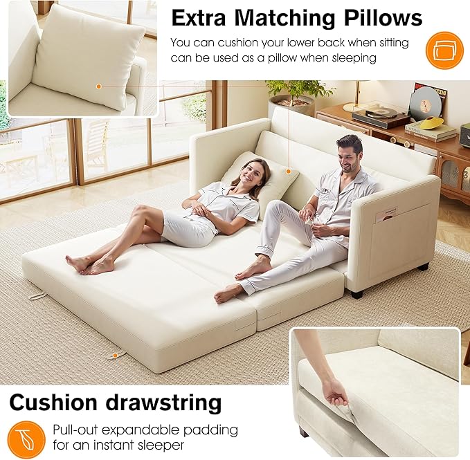 65" Loveseat Sleeper Sofa Bed, Chenille Convertible Sofa Bed for Small Spaces, Folding Couch Bed with Deep Seat, Solid Frame, Pull Out Floor Couches for Living Room, Beige